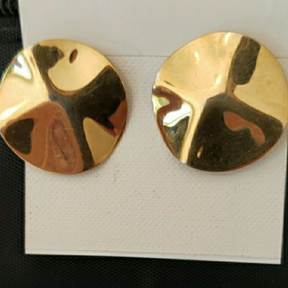 Vtg Shiny Gold Wavy Round Disc Stud Earrings